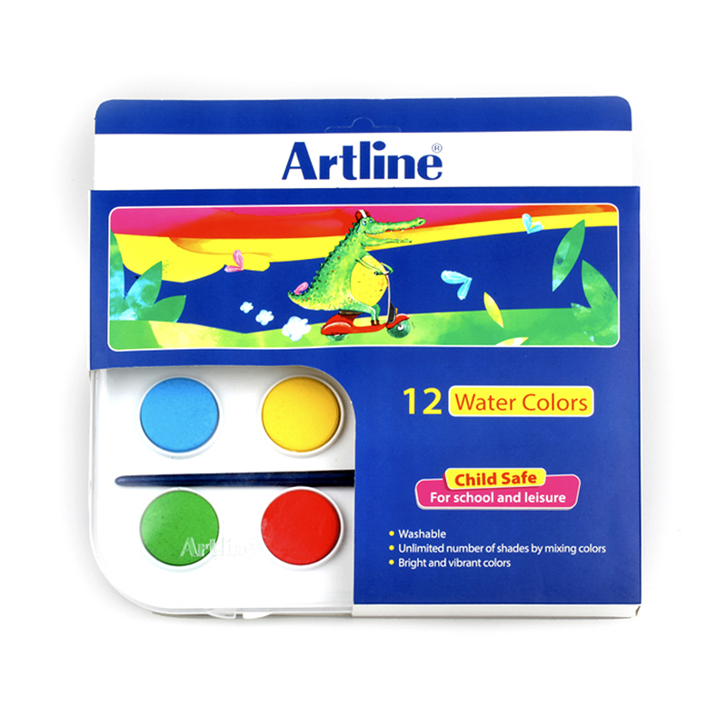 آبرنگ 12 رنگ جعبه طلقی به همراه قلمو (برند آرت‌ لاین)