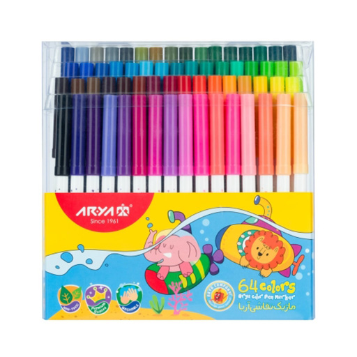 ماژیک نقاشی 64 رنگ جعبه طلقی (برند آریا)