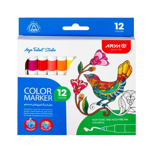 ماژیک قابل شست و شو 12 رنگ جعبه مقوایی (برند آریا)