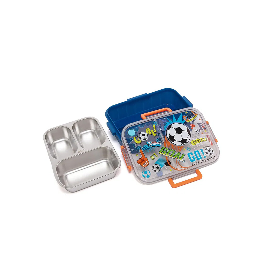 ظرف غذا مستطیل سه قسمتی استیل ۸۰۰ میل طرح توپ فوتبال (برند وست)-۴.jpg