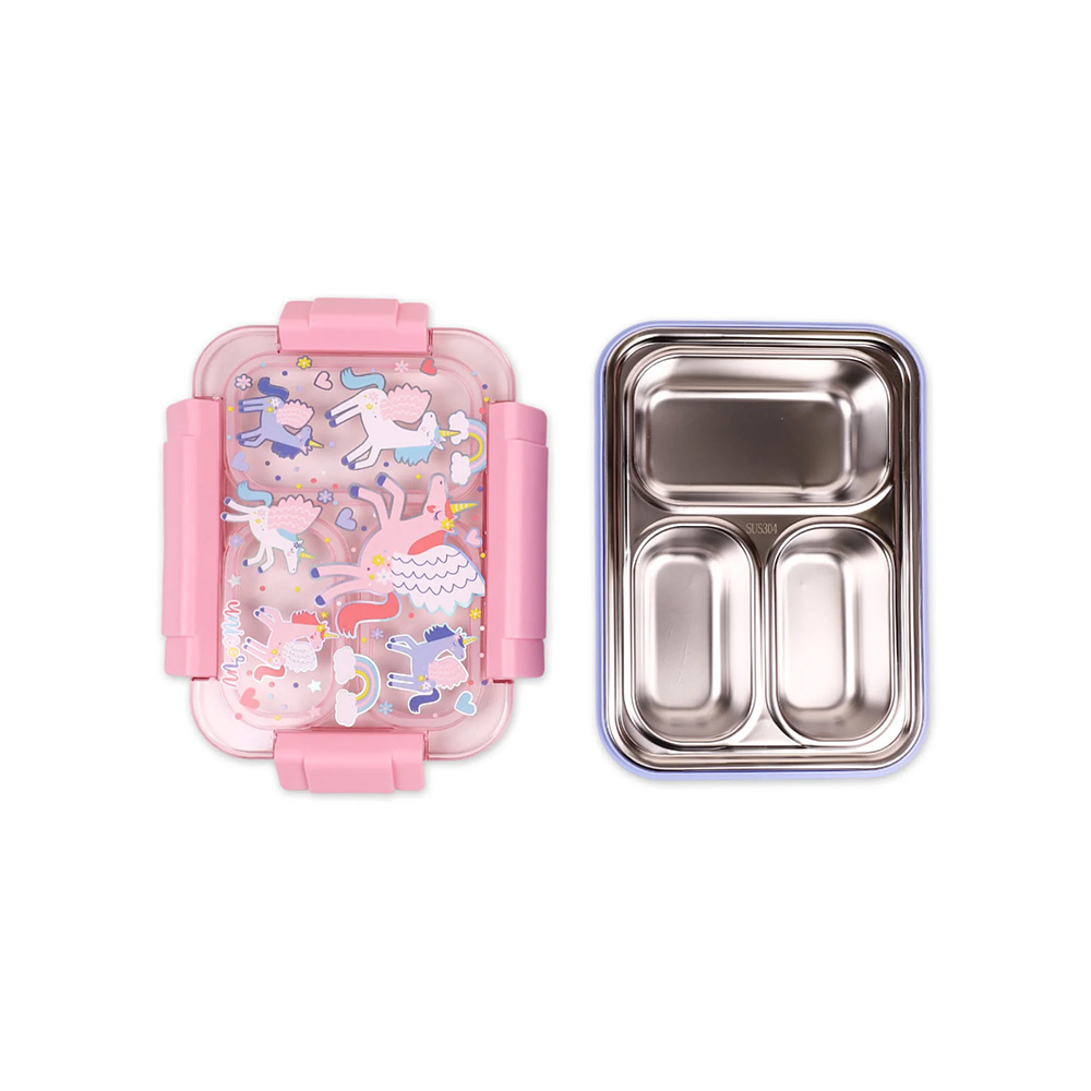 ظرف غذا مستطیل سه قسمتی استیل ۷۱۰ میل طرح یونیکورن (برند وست)-۲.jpg