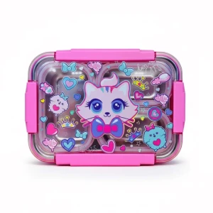 ظرف غذا مستطیل سه قسمتی استیل ۷۱۰ میل طرح گربه (برند وست)