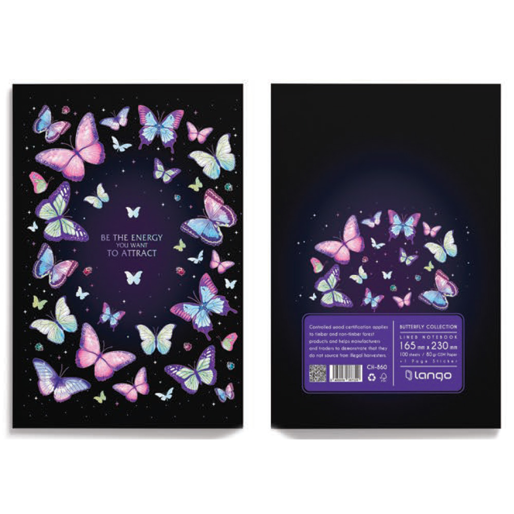 دفتر ۱۰۰ برگ سیمی جلد سخت با استیکر طرح پروانه (برند لانگو)-۲.jpg