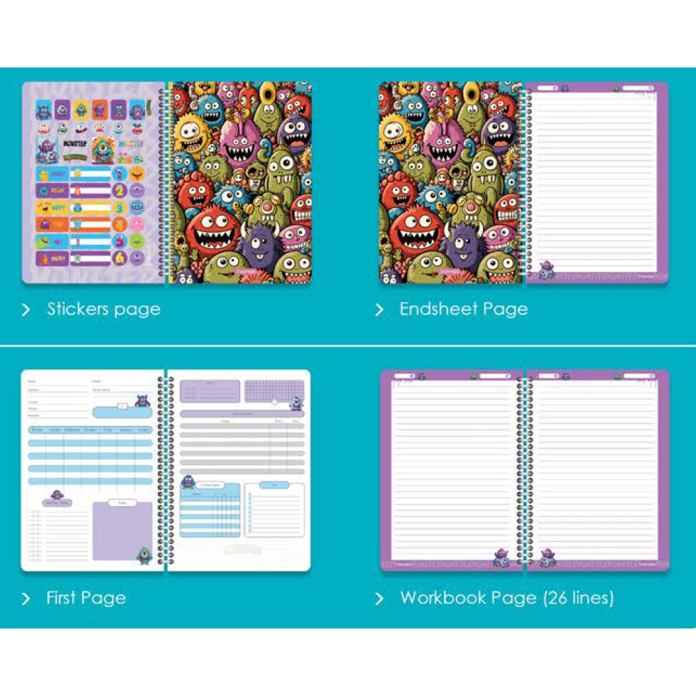 دفتر ۱۰۰ برگ سیمی جلد سخت با استیکر طرح مانسترز (برند لانگو)-۲.jpg