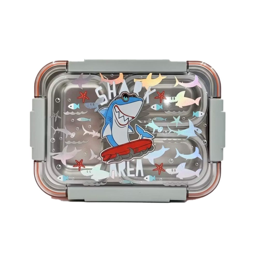 ظرف غذا مستطیل سه قسمتی استیل ۷۱۰ میل طرح شارک (برند وست)