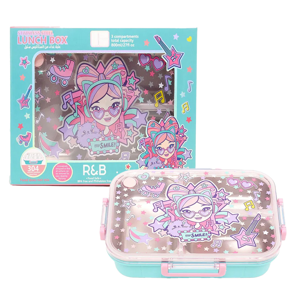 ظرف غذا مستطیل سه قسمتی استیل ۸۰۰ میل طرح دختر فشن (برند وست)