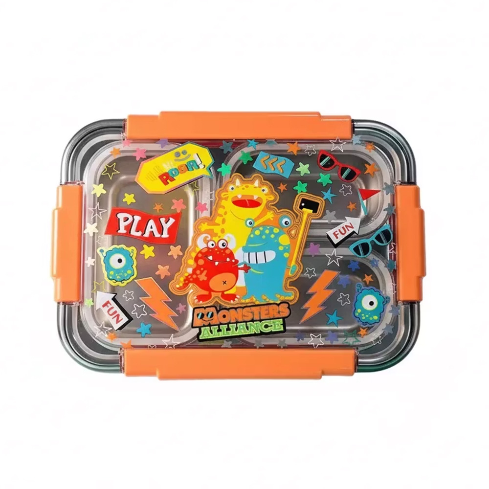 ظرف غذا مستطیل سه قسمتی استیل ۷۱۰ میل طرح اتحاد هیولا (برند وست)