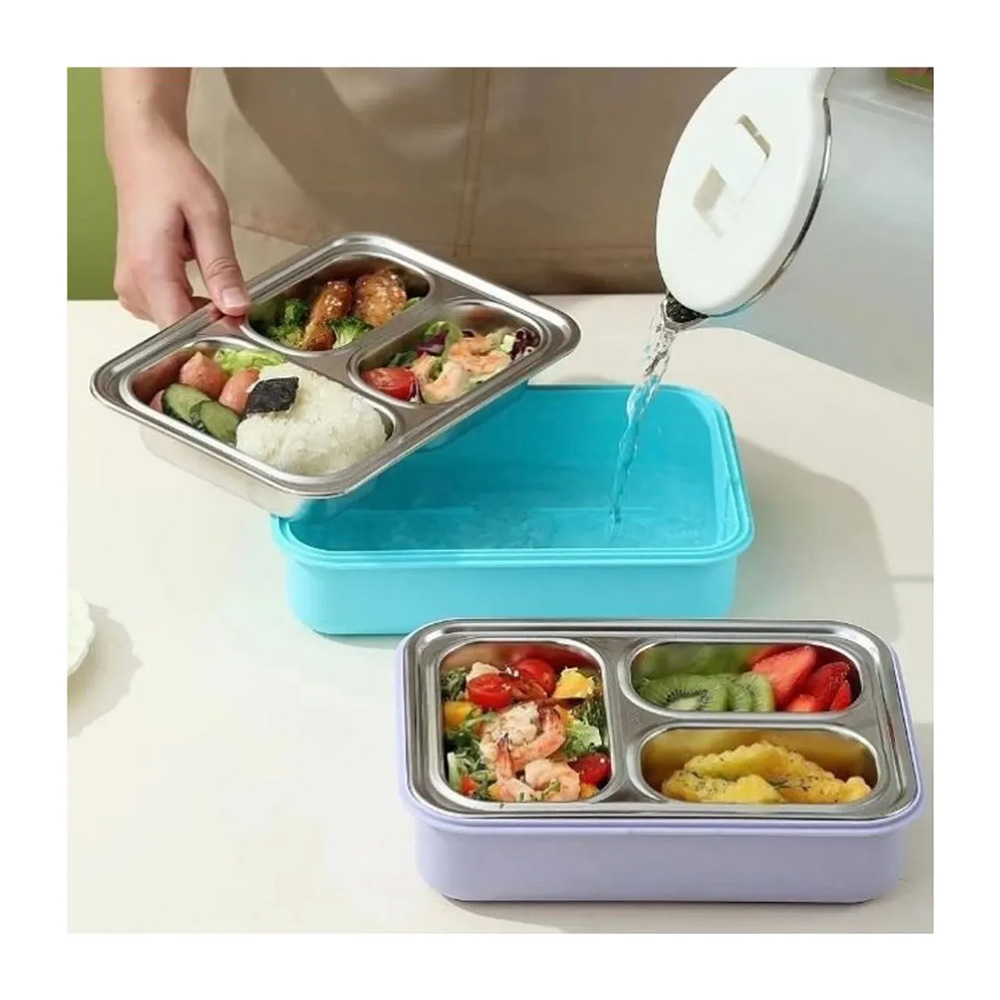 ظرف غذا مستطیل سه قسمتی استیل ۷۱۰ میل طرح گربه (برند وست)-۱.jpg