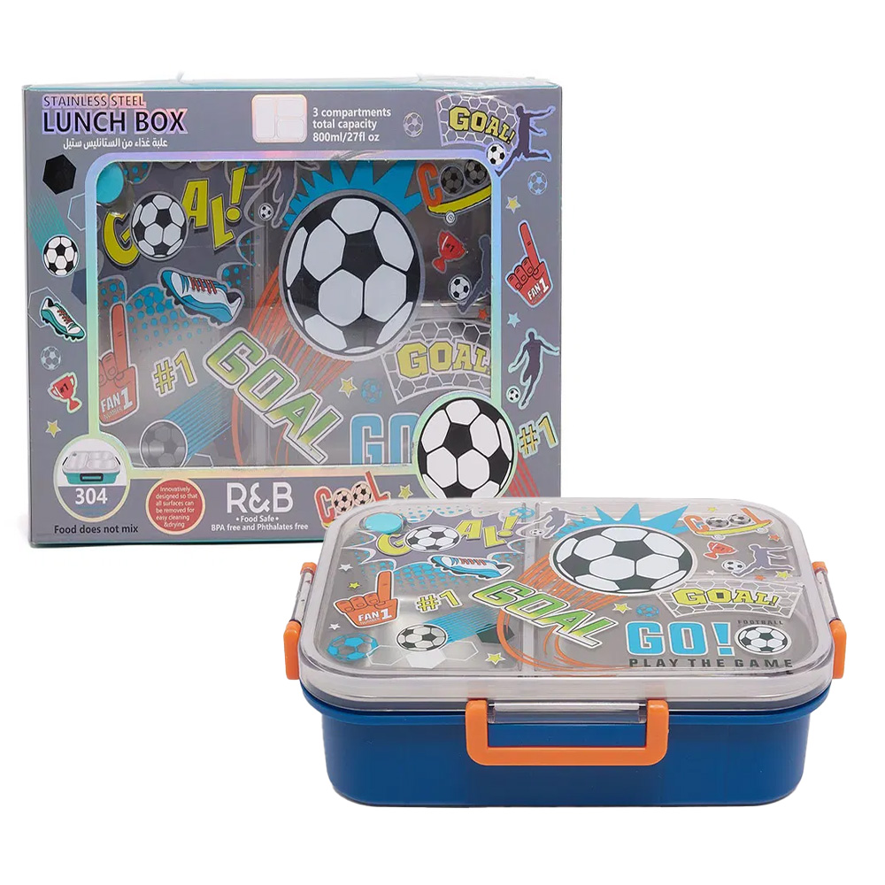 ظرف غذا مستطیل سه قسمتی استیل ۸۰۰ میل طرح توپ فوتبال (برند وست)