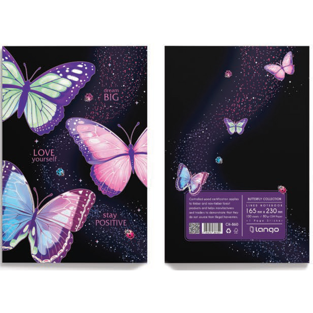 دفتر ۱۰۰ برگ سیمی جلد سخت با استیکر طرح پروانه (برند لانگو)-۴.jpg