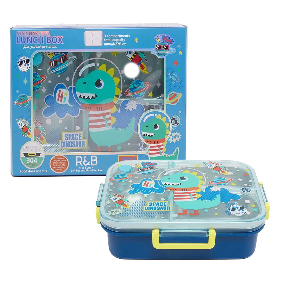 ظرف غذا مستطیل سه قسمتی استیل ۸۰۰ میل طرح دایناسور فضانورد (برند وست)