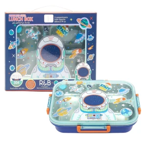 ظرف غذا مستطیل سه قسمتی استیل ۸۰۰ میل طرح فضانورد (برند وست)