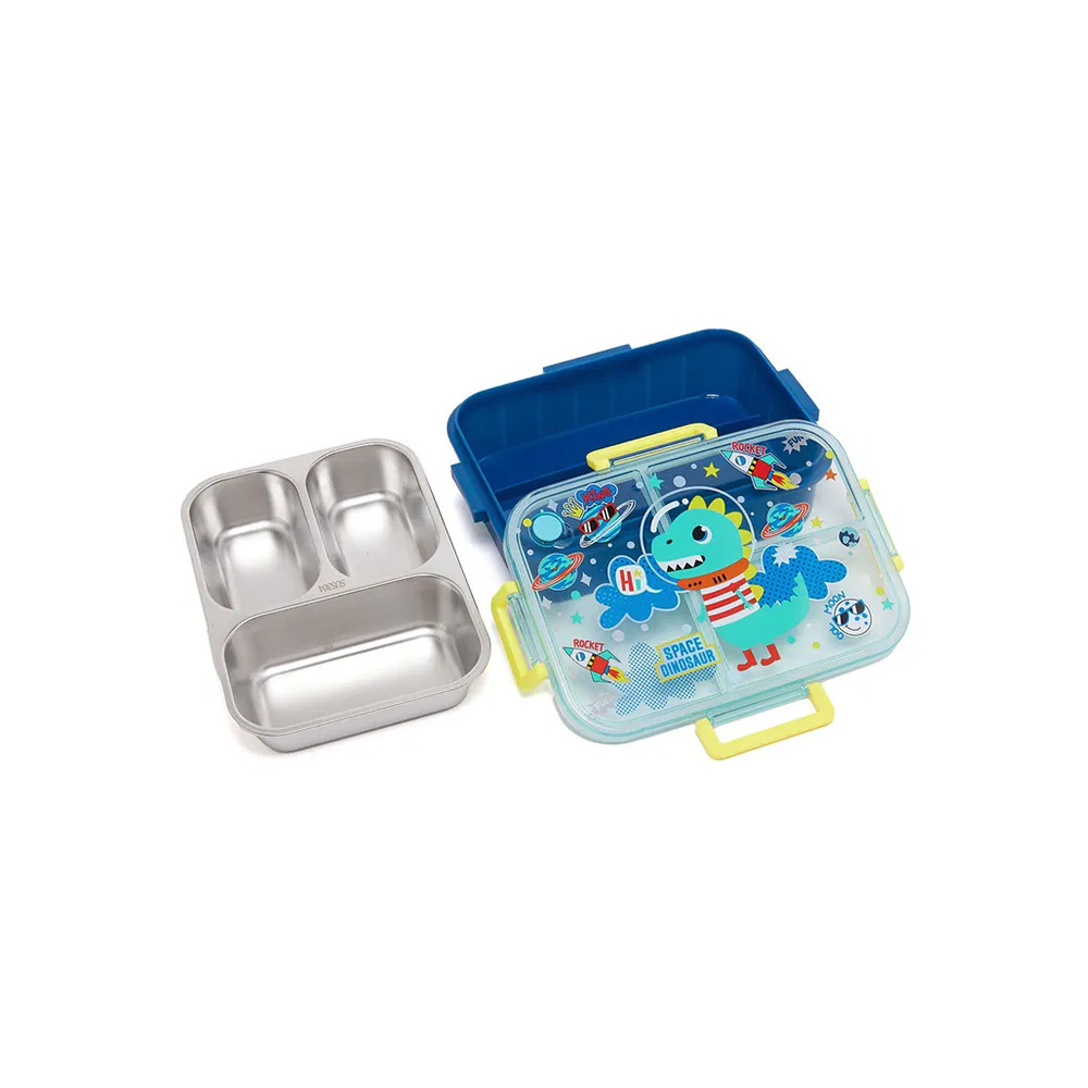 ظرف غذا مستطیل سه قسمتی استیل ۸۰۰ میل طرح دایناسور فضانورد (برند وست)۰۲.jpg