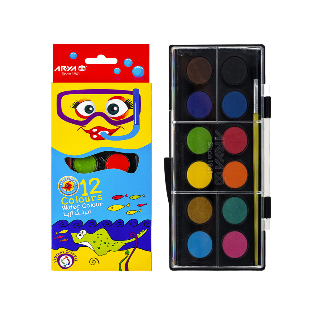 آبرنگ ۱۲ رنگ جعبه طلقی بزرگ طرح کمان (برند آریا)
