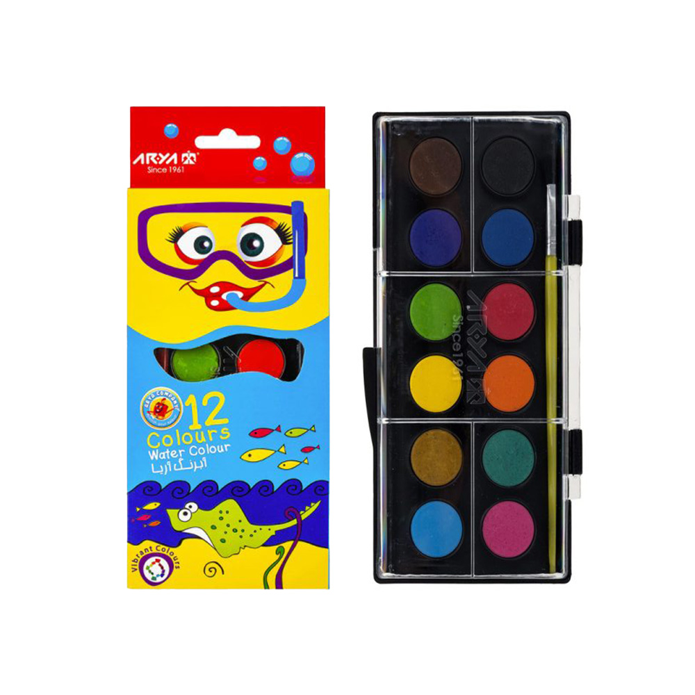 آبرنگ ۱۲ رنگ جعبه طلقی کوچک طرح کمان (برند آریا)