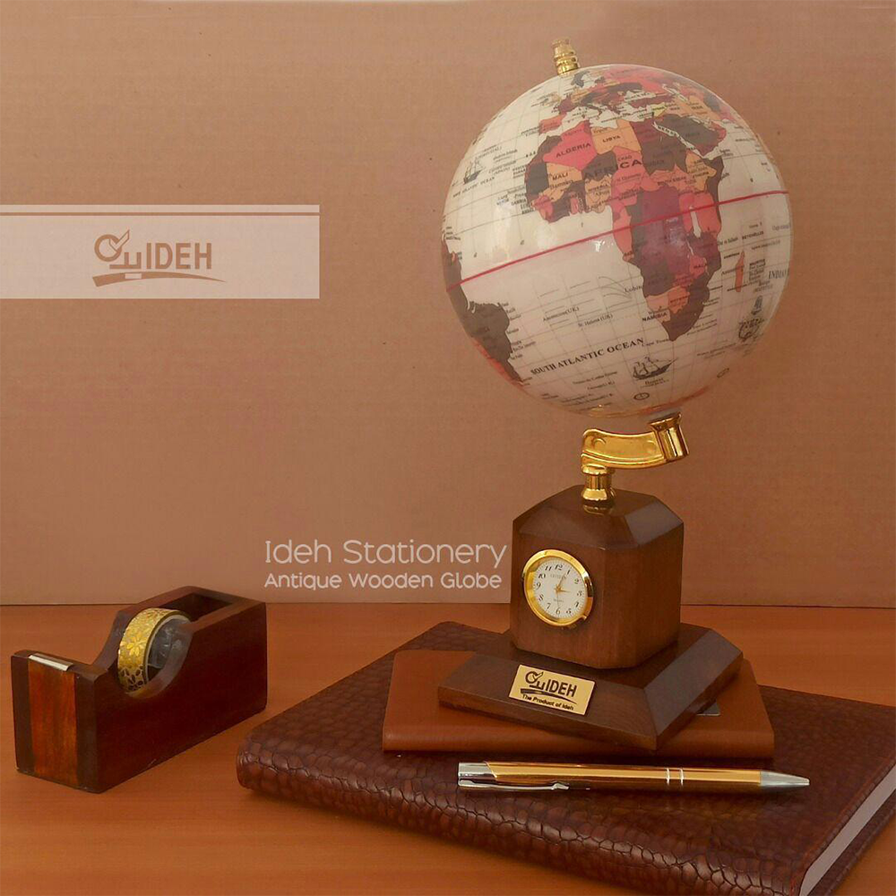 کره جغرافیایی سایز ۱۴ پایه چوبی گردون ساعتدار (برند ایده)-2.png