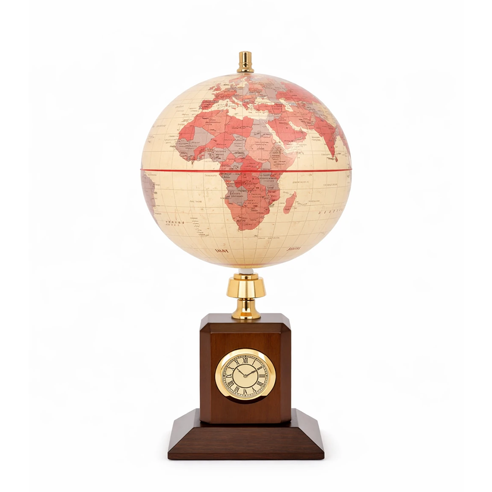 کره جغرافیایی سایز ۱۴ کرم پایه چوبی گردون ساعتدار (برند ایده)